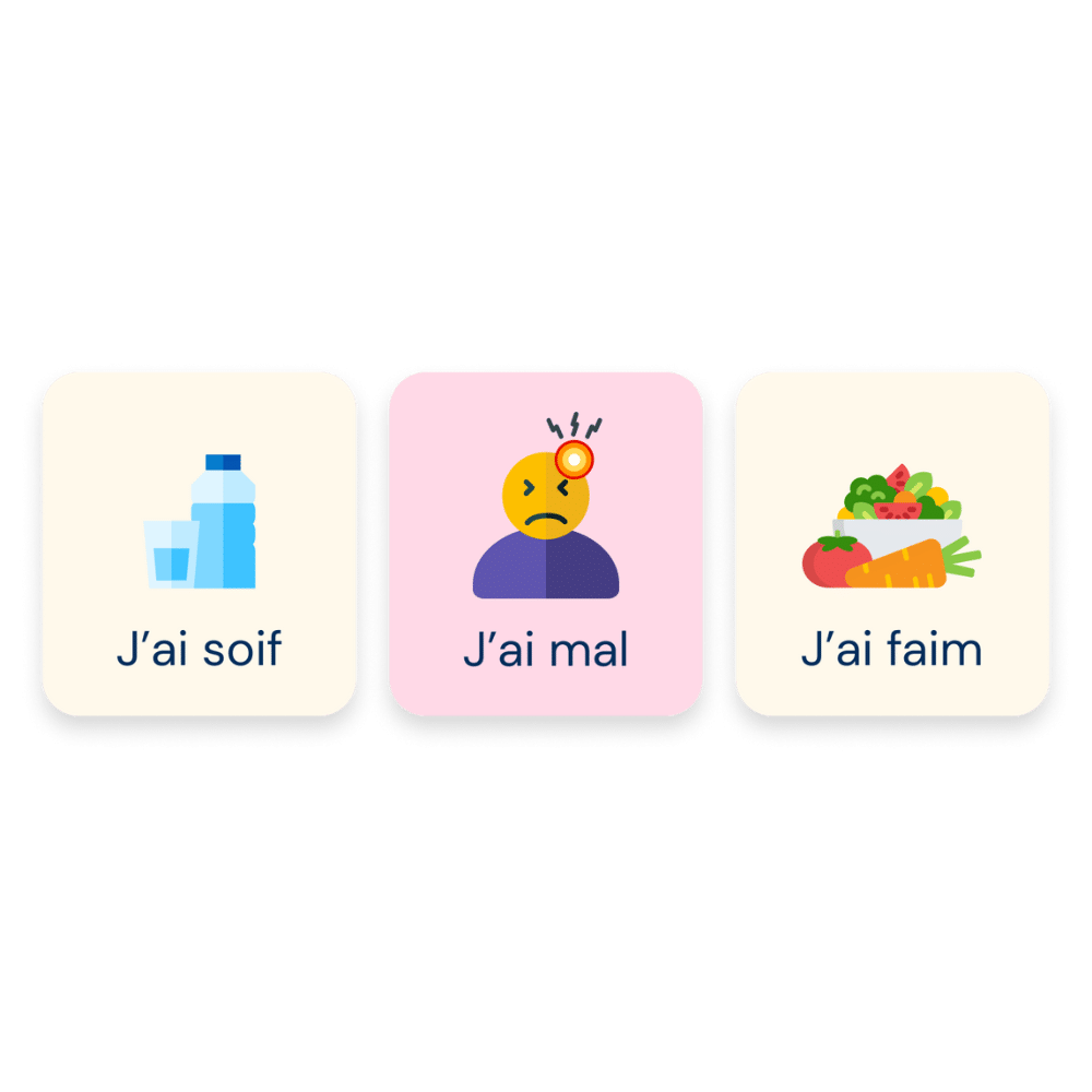 Picto J'ai soif, J'ai mal, J'ai faim