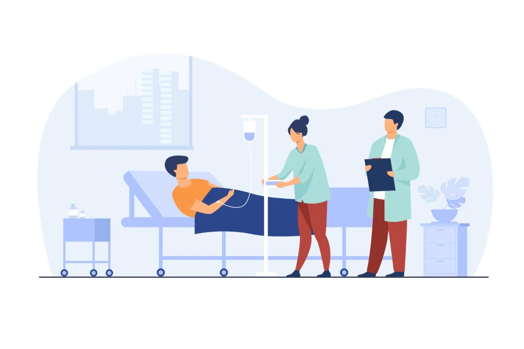 Illustrations de soignants devant un patient dans son lit pour représenter l'appel malade intelligent