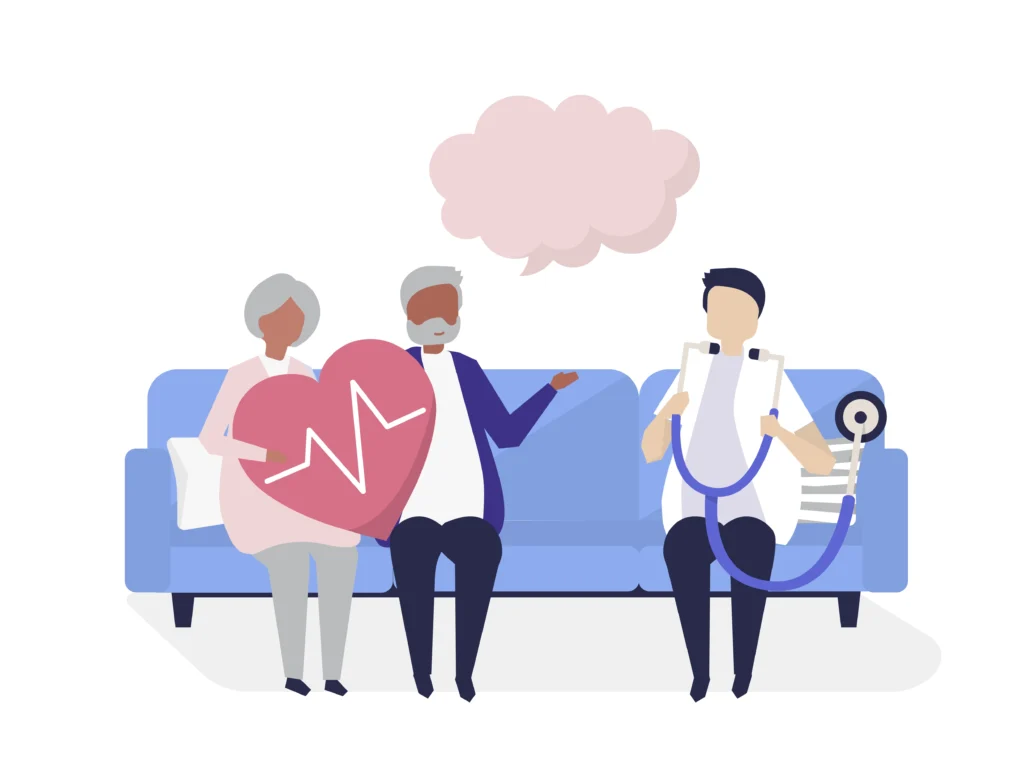 Illustration de patients assis à côté d'un médecin pour représenter l'appel malade intelligent