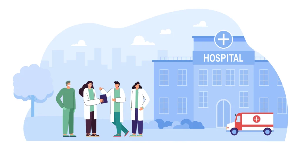 Illustration de soignants et médecins devant un hopital pour représenter l'appel malade intelligent