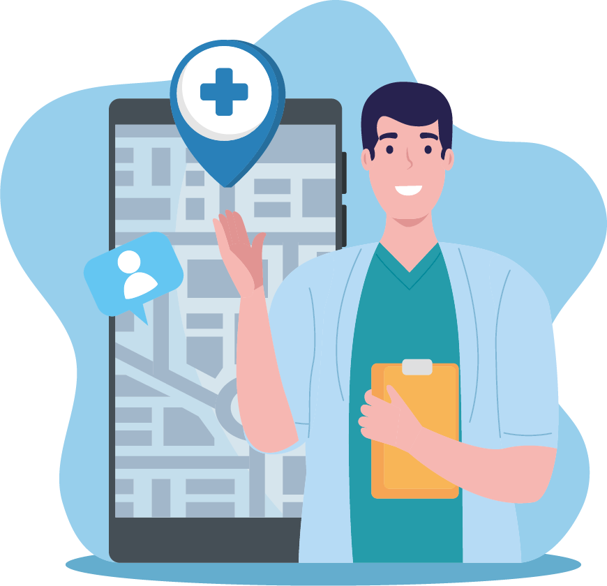 illustration d'un médecin devant un téléphone avec une application de guidage indoor