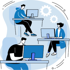 Illustration borne demarche administrative qui représente 3 personnages qui travaillent sur un pc sur un bureau